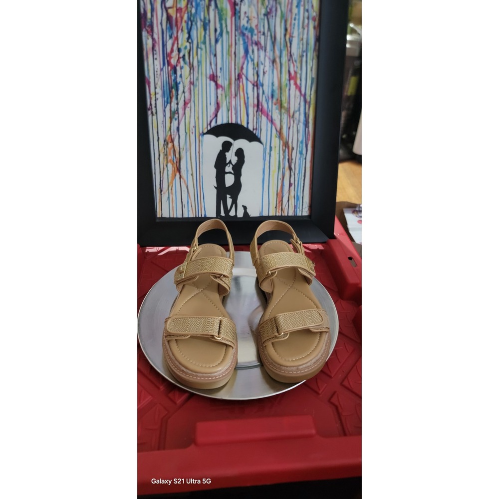 Crown Vintage Tan Gold Platform Slingback Sandals Womens Sz 10M Espadrille Tri